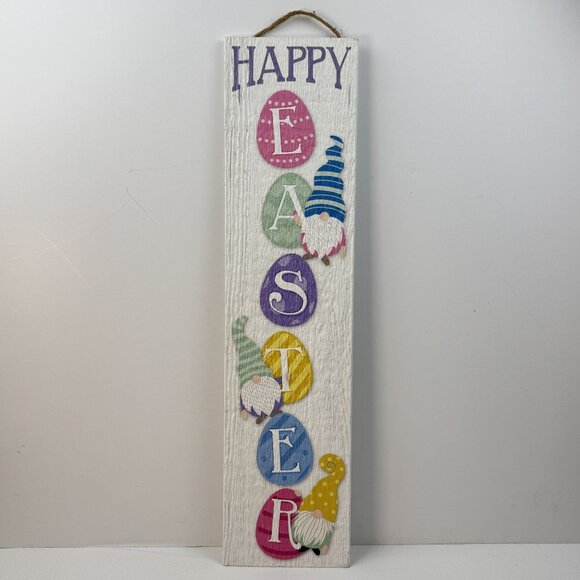Happy Easter Egg and Gnome Stand-Out Vertical Sign Hanging Rope Siding Board 24" - Picture 1 of 6